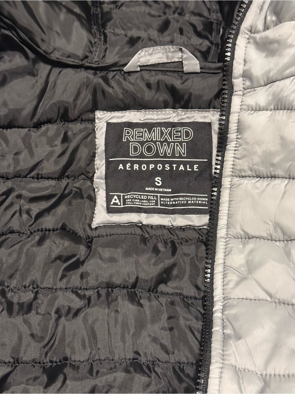 Aeropostale Remixed Down Puffer Jacket in Black and Light Gray